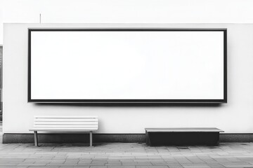 Minimalistic urban scene featuring a blank billboard with benches in a modern setting