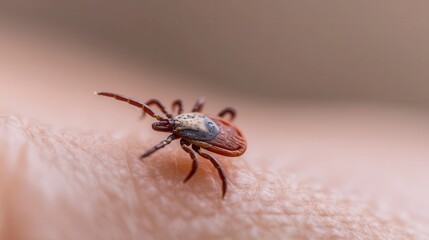 Close-up view of parasitic tick attached to human skin with visible blood droplets, concept of danger from insect bites and disease transmission risks.