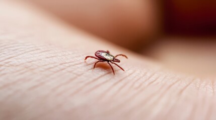 Close-up view of parasitic tick attached to human skin with visible blood droplets, concept of danger from insect bites and disease transmission risks.
