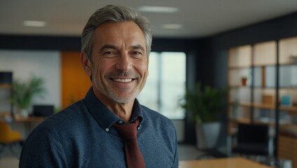 Confident mature businessman standing in startup office. Successful male professional looking at camera