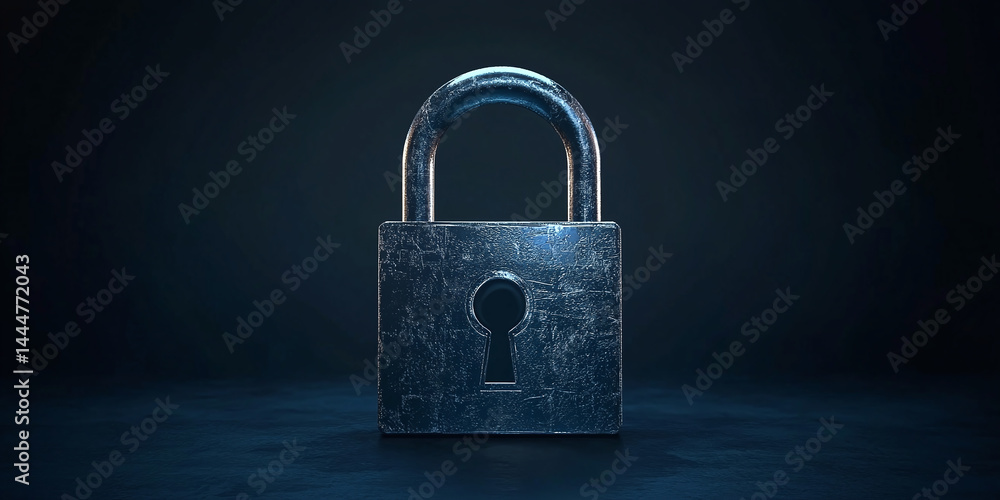Poster digital padlock for computing system on dark blue background, cyber security technology for fraud pr