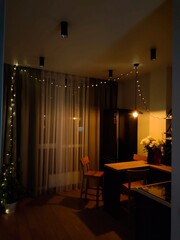 Cozy kitchen interior with warm string lights