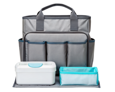Portable diaper bag organizer with compartments and accessories on a transparent background