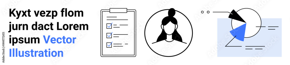 Aufkleber avatar of a woman, clipboard with checklist, and abstract pie chart showing statistics. ideal for te