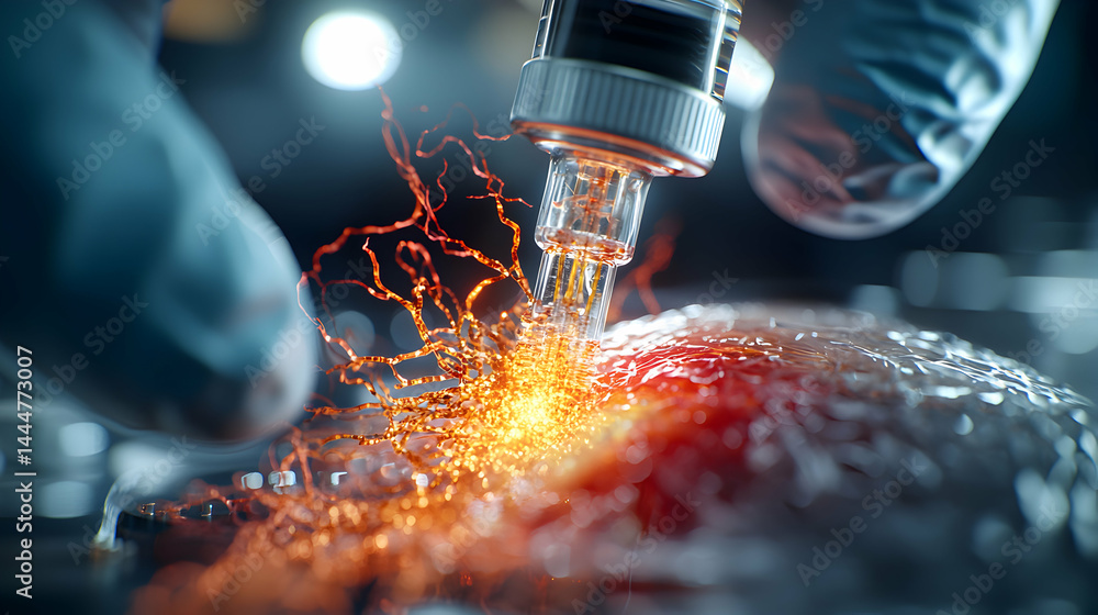 Poster medical procedure depiction. shows microscopic analysis with advanced tools and cellular interaction