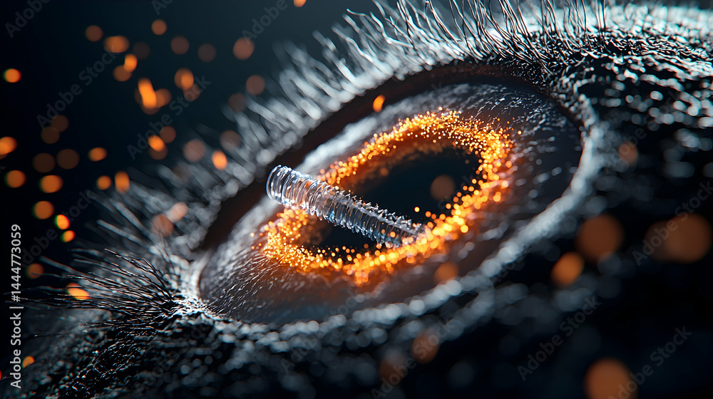 Poster an abstract art piece featuring an eye with a futuristic or technological theme. it could represent 