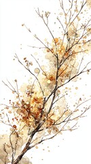 Fototapeta premium A delicate bare tree branch in warm autumn hues with golden watercolor splashes. Perfect for seasonal designs, eco visuals, or poetic illustrations reflecting nature and simplicity.
