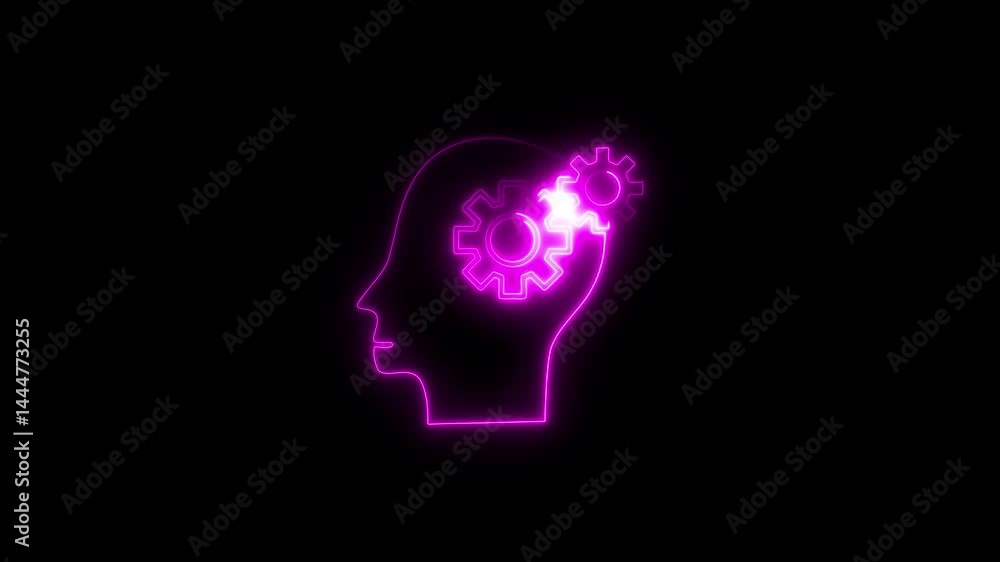 Poster glowing neon head with gears symbolizing thoughts and innovation animation loop
