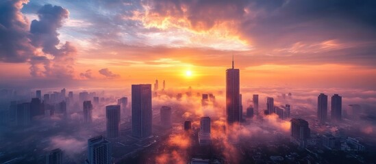 Fototapeta premium Sunrise Cityscape Fog Aerial