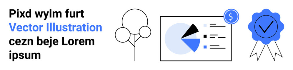 Financial chart with pie and bar elements, dollar coin, and achievement badge highlight success and growth. Ideal for finance, business strategy, achievement, education, analytics, investment simple