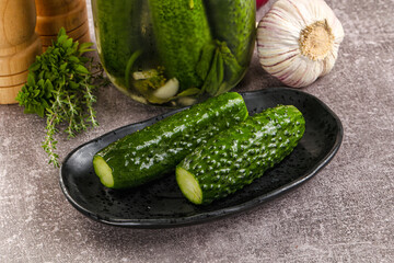 Homemade lighty salted cucumbers with herbs