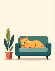 Illustrated Cat on Teal Sofa