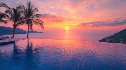 Tranquil Poolside Oasis Surrounded by Lush Palm Trees Under a Vibrant Sunset Creating a Relaxing Ambience