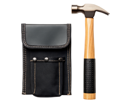 Hammer and leather tool pouch set with wooden handle on a transparent background
