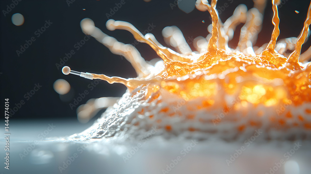 Poster this image captures a dynamic splash a fluid substance. it resembles a molecular structure or a scie