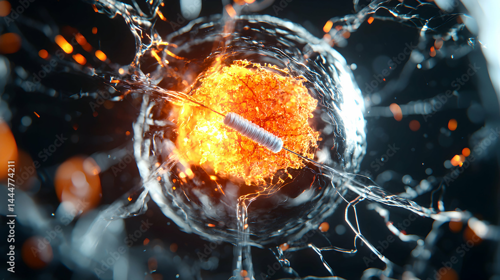 Poster artistic rendering of a cell with an internal glowing structure. suggests scientific exploration or 