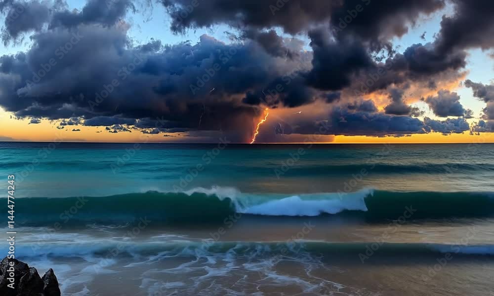 Poster calm seascape with a storm approaching on the horizon creating a dramatic contrast made with generat