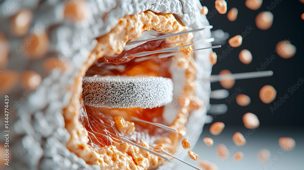 Poster an artistic depiction of a biological structure possibly a cell or tissue segment with internal deta