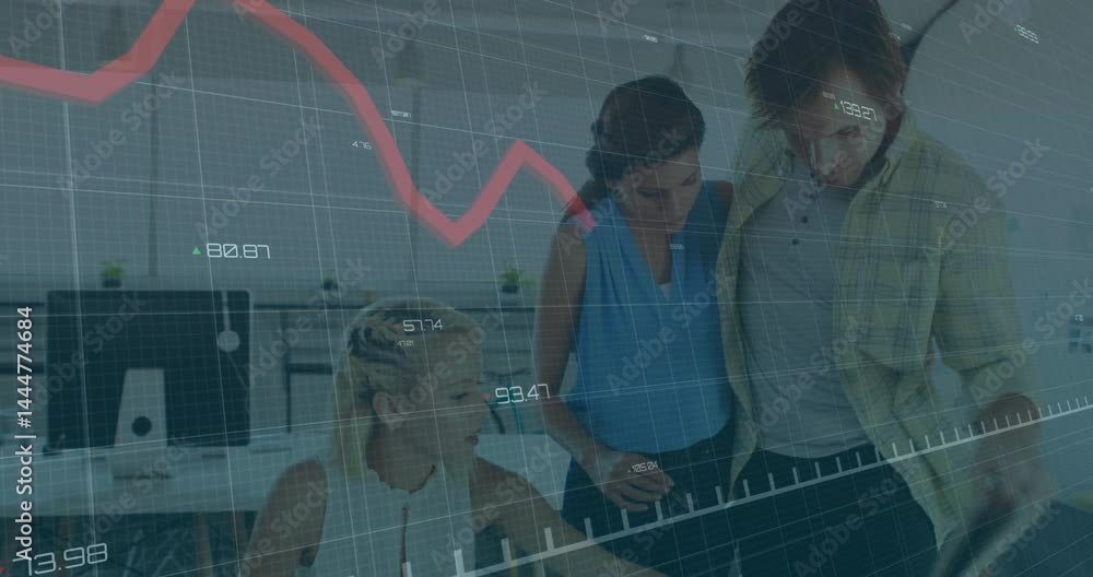 Poster office workers collaborating reviewing data on computer, showing animated financial graphs