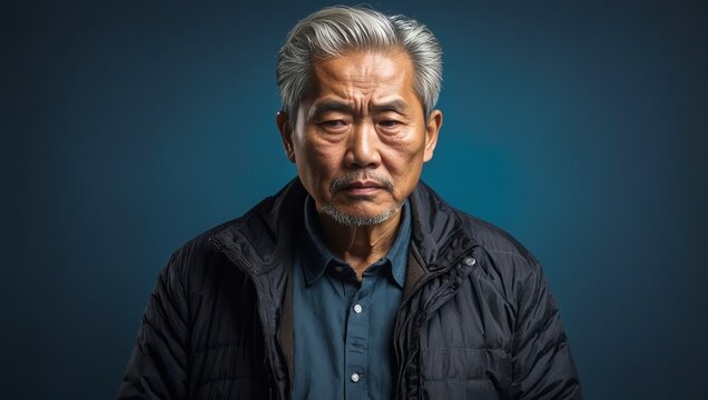 Depressed Asian mature old man standing using smartphone serious thinking on isolated background