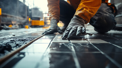 Construction Worker Installing Floor Tiles