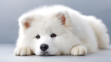 Fluffy samoyed lying down with gentle expression, showcasing its soft fur and calm demeanor