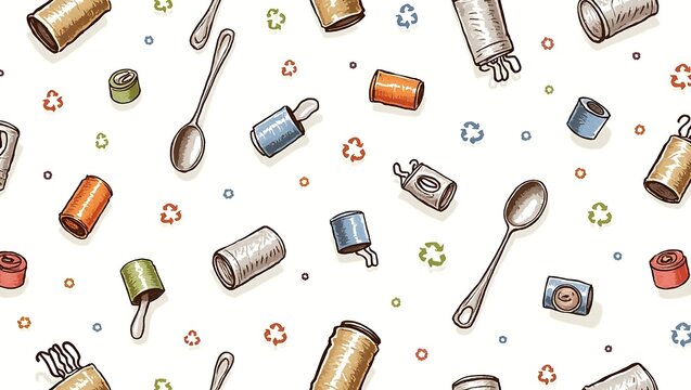 Seamless pattern of recyclable materials: cans and spoons