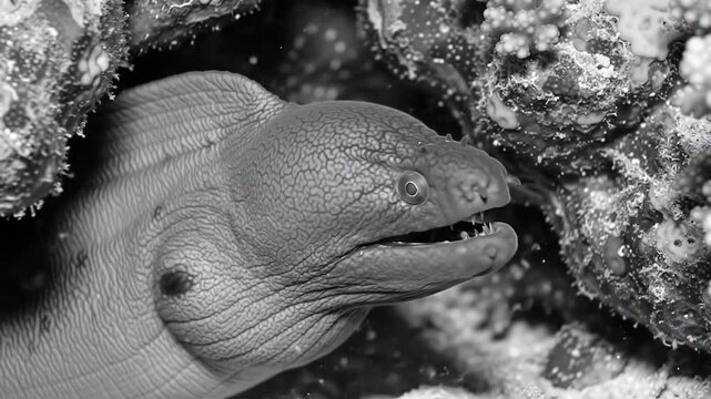 Monochrome Moray Eel Portrait:  Hidden Reef Dweller