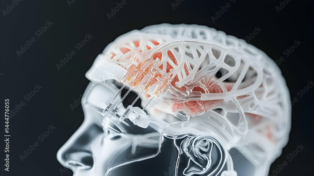 Aufkleber depicts a transparent brain model with a focus on neural connections. this image could be used for e