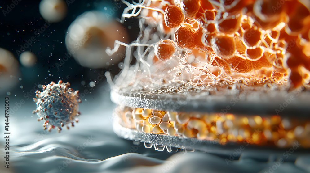 Poster a microscopic view of biological structures. it may represent viruses cells or molecules used for me