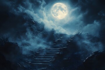 A staircase leading to the moon, with misty clouds and an eerie atmosphere. The full moon casts its light on the dark stairs.