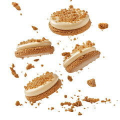 flying Caramel Cheesecake Cookies with crumbs isolated on white