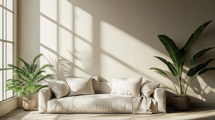 Cozy Living Room with Comfortable Couch Surrounded by Lush Green Potted Plants Creating a Relaxing Atmosphere