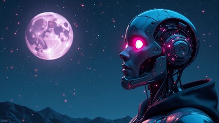 Futuristic Robot Head With Moon At Night