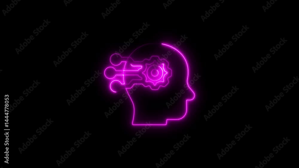 Poster neon artificial intelligence head with gear shape for tech concepts