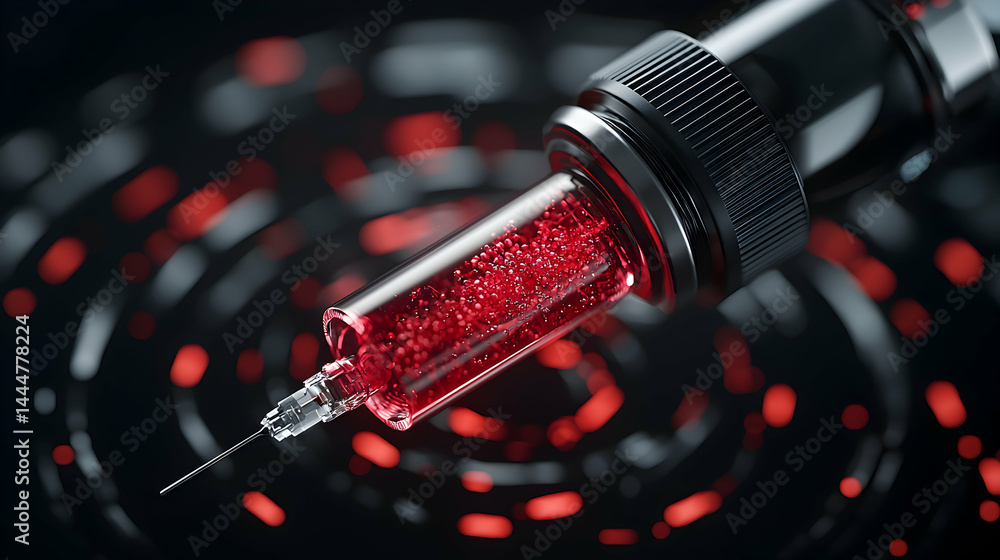 Poster a close-up of a syringe filled with a red liquid. the background is dark with blurred red and grey c