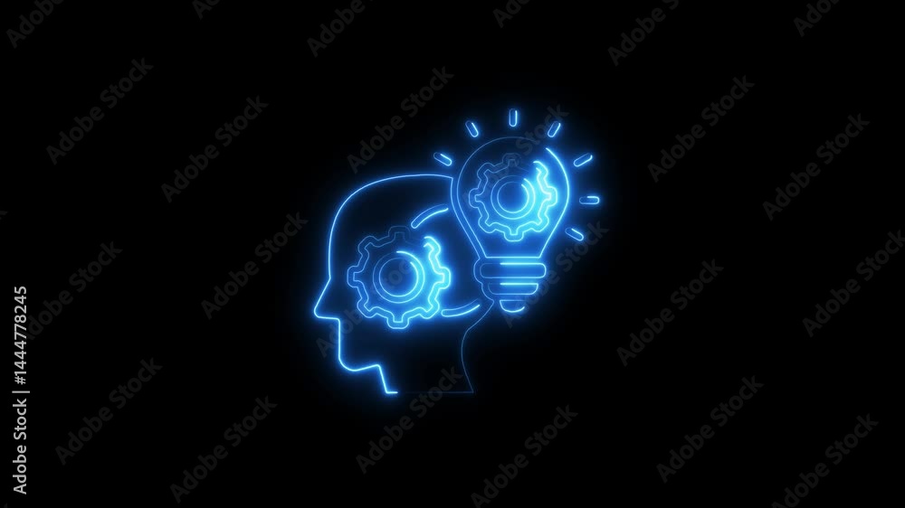 Poster abstract neon head with gears and lightbulb glowing innovation and problem solving