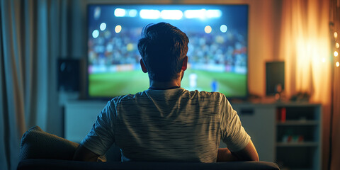 Man Watching Live Cricket Match at Home - Sports Enthusiast in Jersey for Entertainment and Indian Premier League Excitement