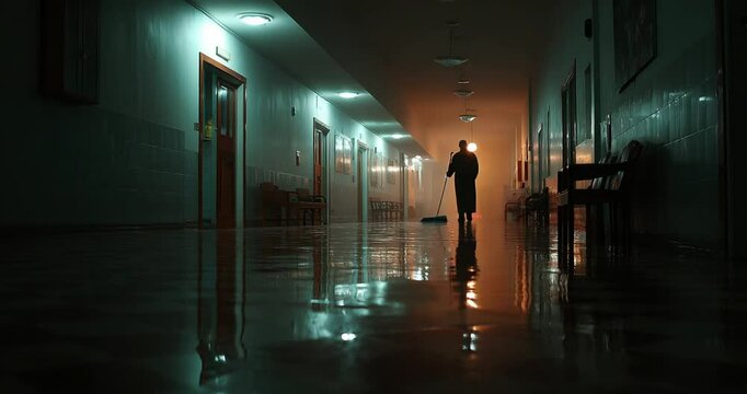 Mysterious figure mops hospital corridor at night