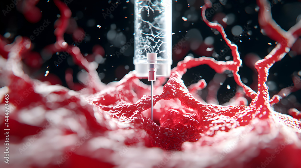 Poster medical injection concept art. shows a needle injecting into a biological structure. possible applic