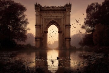 Fototapeta premium Majestic archway structure over a tranquil pond at dawn.
