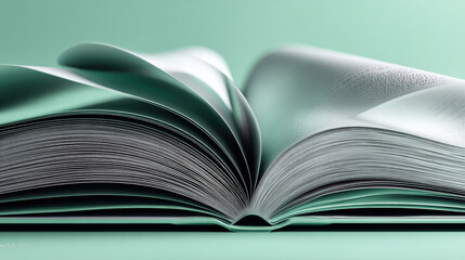 Open Book in Mint Shade: A detailed shot showcases an open book with pages meticulously arranged, set against a gentle mint shade, and a symbolic representation of knowledge, learning.