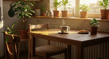 Enjoying a Warm Coffee in a Cozy Sunlit Kitchen with Green Plants