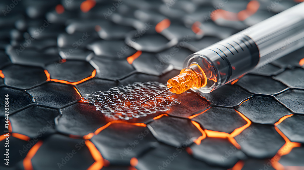 Poster a syringe injecting into a hexagonal pattern with glowing orange fissures. could symbolize medical a