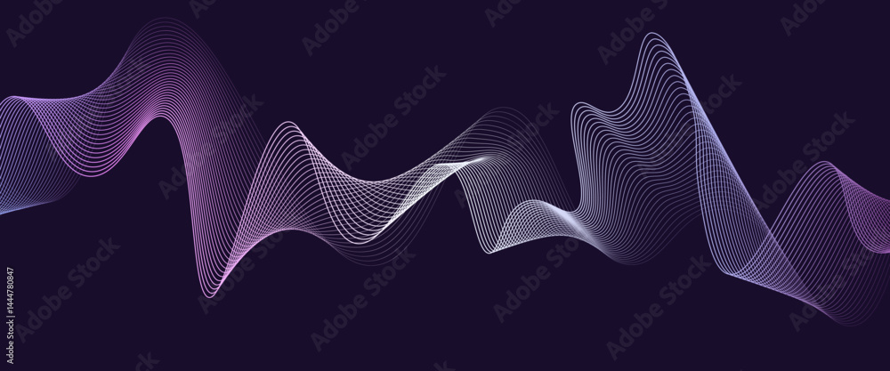Poster abstract glowing wave lines on dark blue background. dynamic wave pattern. modern flowing wavy lines