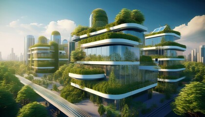 Futuristic green buildings with lush rooftop gardens and glass facades set in a modern cityscape under a clear sky.