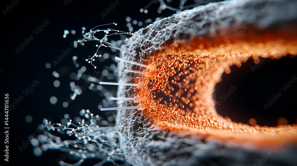 Poster an abstract image depicting a microscopic structure with intricate details and a vibrant color palet