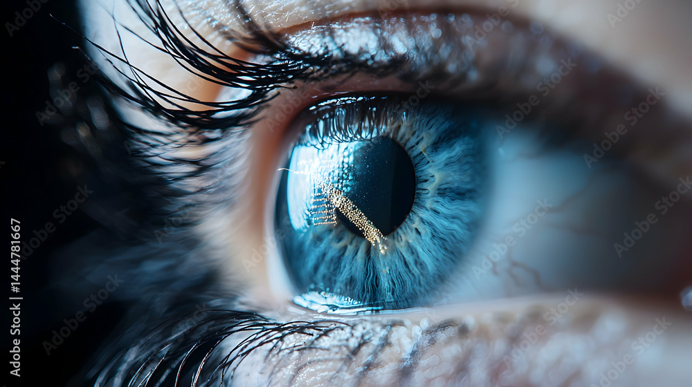 Poster close-up of a blue eye with detailed iris and eyelashes. suggests depth perception and visual acuity