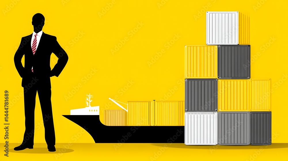 Poster a silhouette of a logistics manager stands against the backdrop of a busy container port, coordinati
