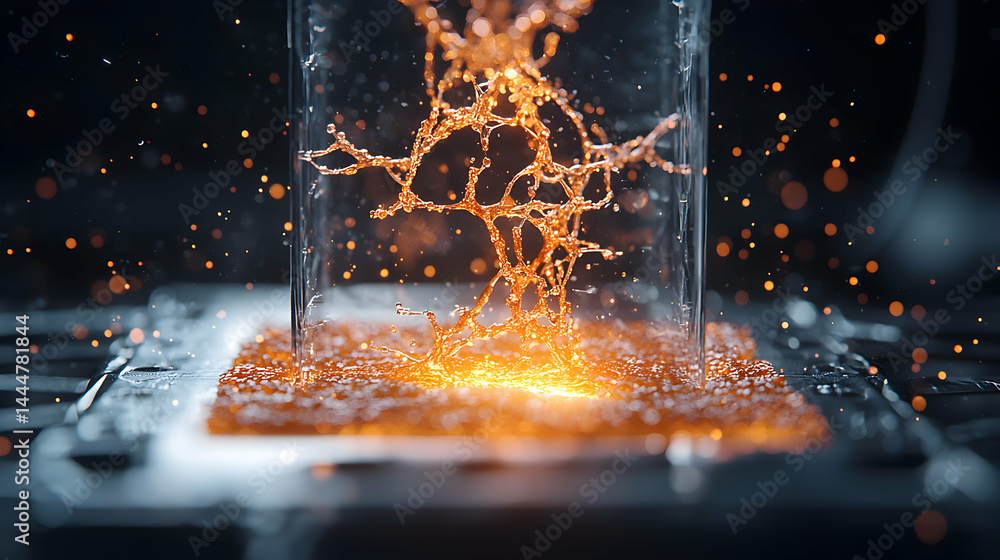 Aufkleber an abstract image features glowing golden liquid within a clear container. it could represent advanc